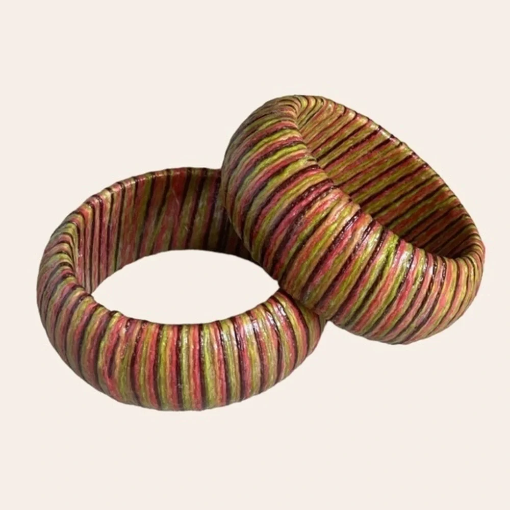 🌺 Boho Multicolor Thread Wrapped Chunky Bangle Bracelets Set of 2